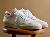 White leather sneaker on a wooden stool