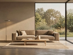 The same living room after changing the sofa color to warm taupe, its creases and window-light shading kept