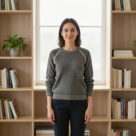 A woman standing in an office with her arms hanging stiffly at her sides A woman standing in an office with her arms hanging stiffly at her sides