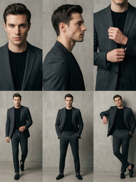 Six frames of the same man in the same charcoal suit against the same concrete wall, standing, turning and leaning in six different poses. Six frames of the same man in the same charcoal suit against the same concrete wall, standing, turning and leaning in six different poses.