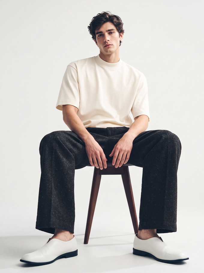 A man in a cream T-shirt and dark trousers seated on a wooden stool with his forearms resting on his knees. A man in a cream T-shirt and dark trousers seated on a wooden stool with his forearms resting on his knees.