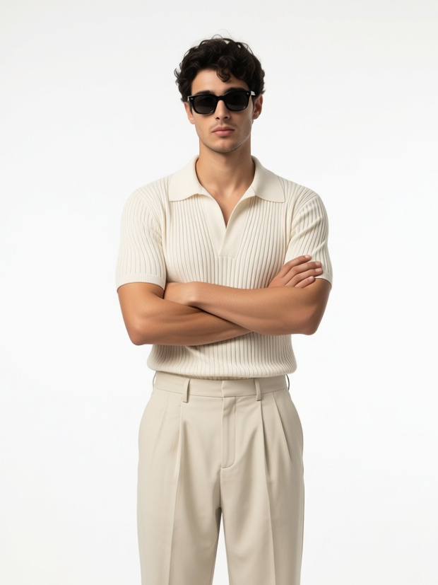 A man in a cream polo and off-white trousers standing full length against a white studio wall with his arms folded across his chest. A man in a cream polo and off-white trousers standing full length against a white studio wall with his arms folded across his chest.