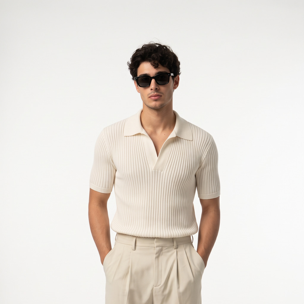 A man in a cream ribbed polo shirt standing against a plain white studio wall with his hands in his trouser pockets, before the AI pose changer. A man in a cream ribbed polo shirt standing against a plain white studio wall with his hands in his trouser pockets, before the AI pose changer.