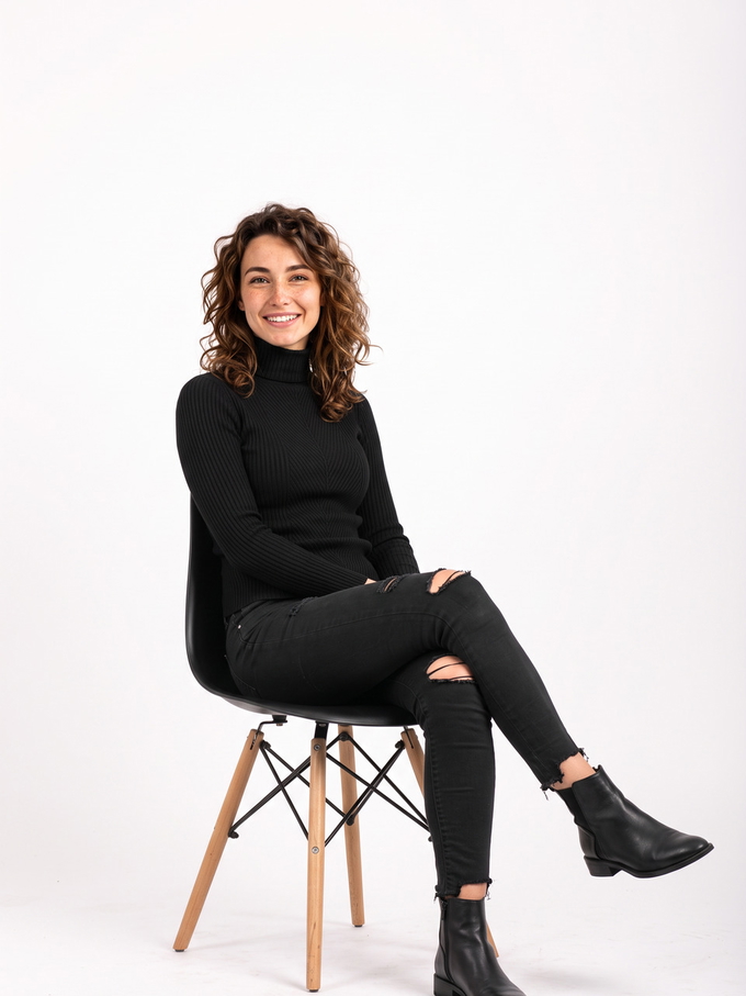 A woman in a black turtleneck seated with her legs crossed and her hands resting together in her lap. A woman in a black turtleneck seated with her legs crossed and her hands resting together in her lap.
