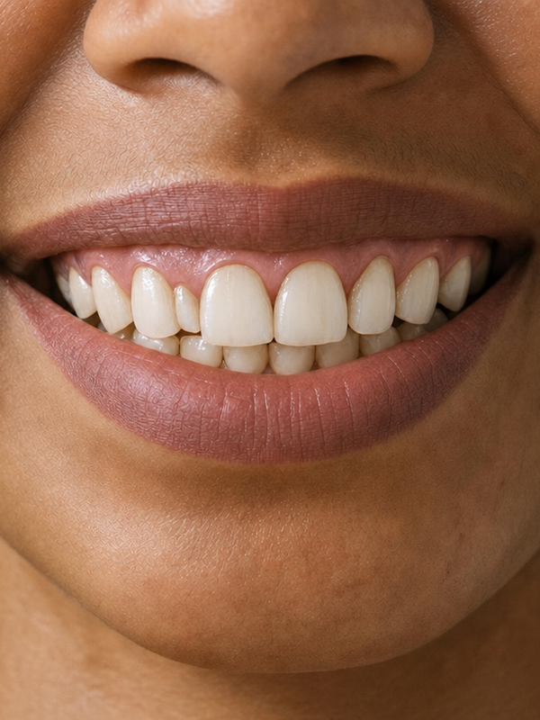 A bright, natural smile after whitening teeth in a photo
