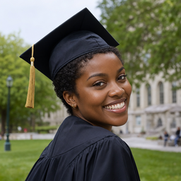 A graduate in a black cap and gown smiling over her shoulder on a campus lawn, a sample photo to whiten teeth in.
