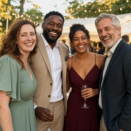 Four wedding guests laughing together outdoors, a sample group photo to whiten every smile in.