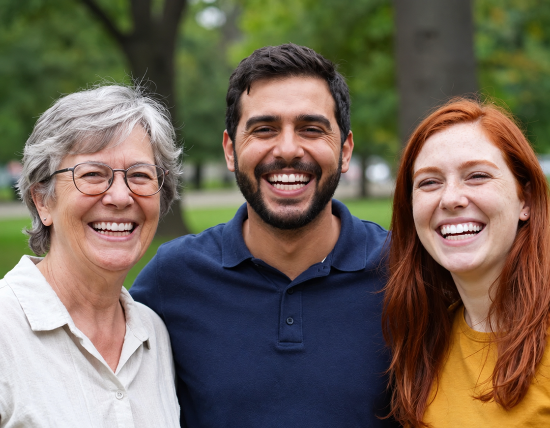 The same park photo after teeth whitening, all three smiles whitened to the same level. The same park photo after teeth whitening, all three smiles whitened to the same level.
