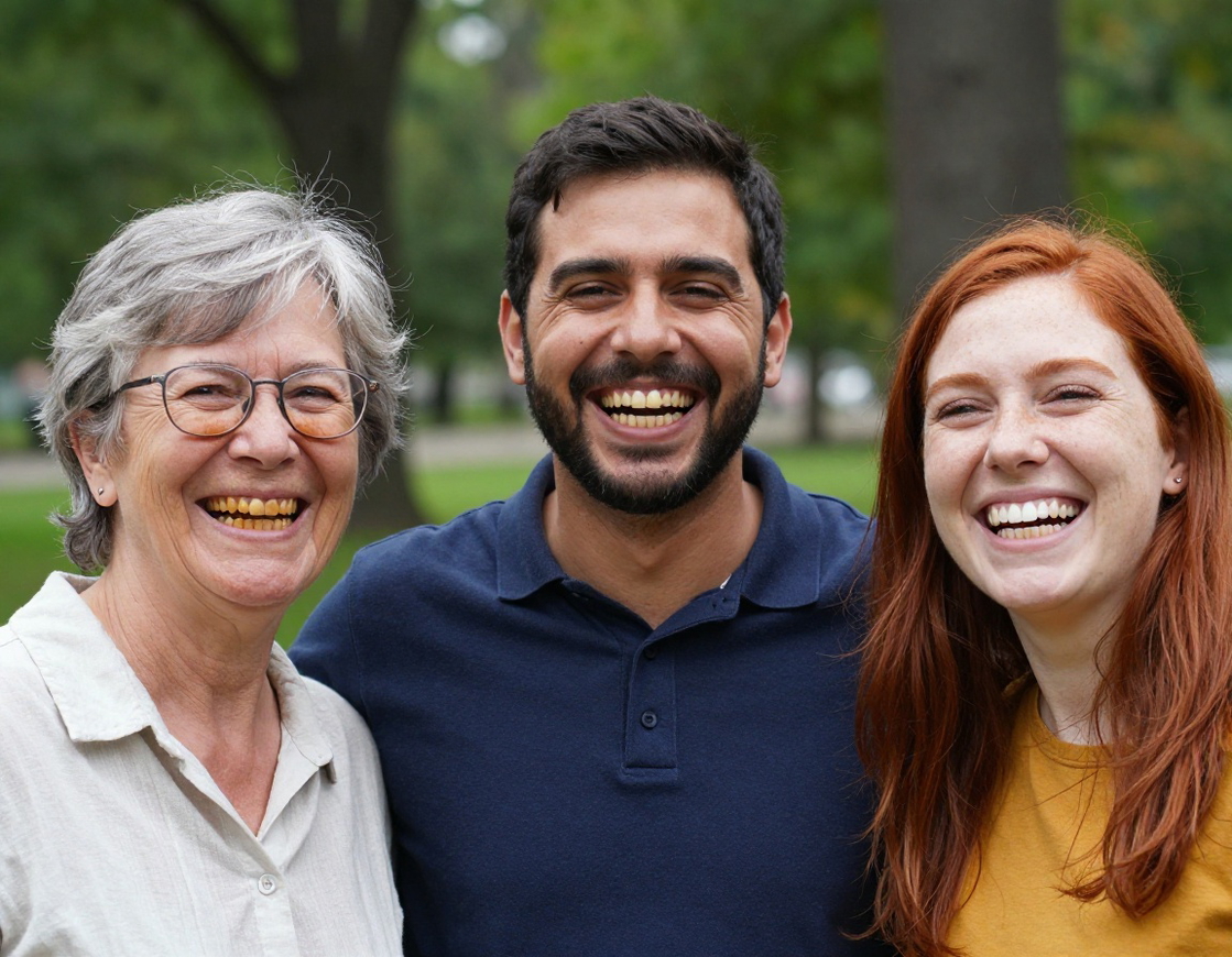 Three people of different ages laughing in a park, each with yellow teeth of a different shade. Three people of different ages laughing in a park, each with yellow teeth of a different shade.