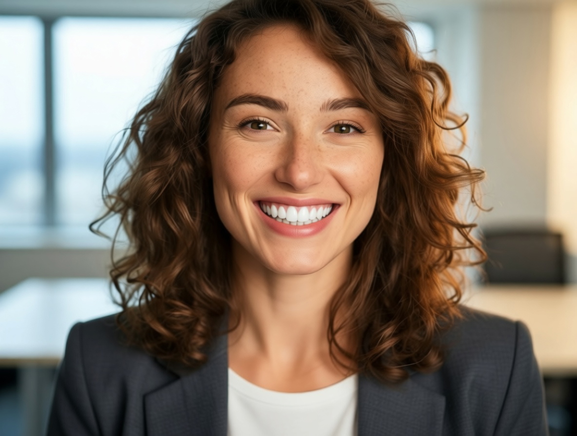 The same office photo after teeth whitening, her teeth white and her freckles, hair and blazer unchanged. The same office photo after teeth whitening, her teeth white and her freckles, hair and blazer unchanged.