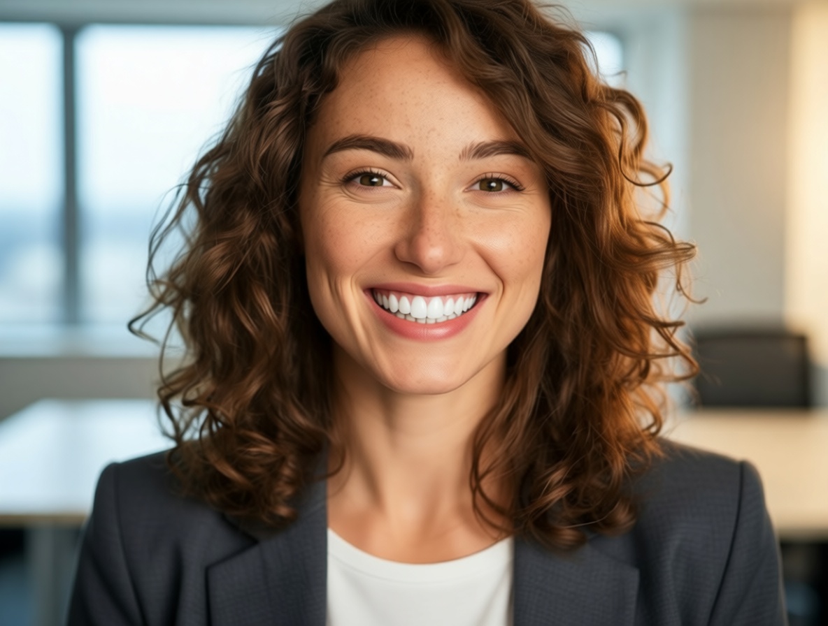 The same photo after teeth whitening: her teeth naturally white, with her freckles, hair, blazer and the office behind her unchanged. The same photo after teeth whitening: her teeth naturally white, with her freckles, hair, blazer and the office behind her unchanged.