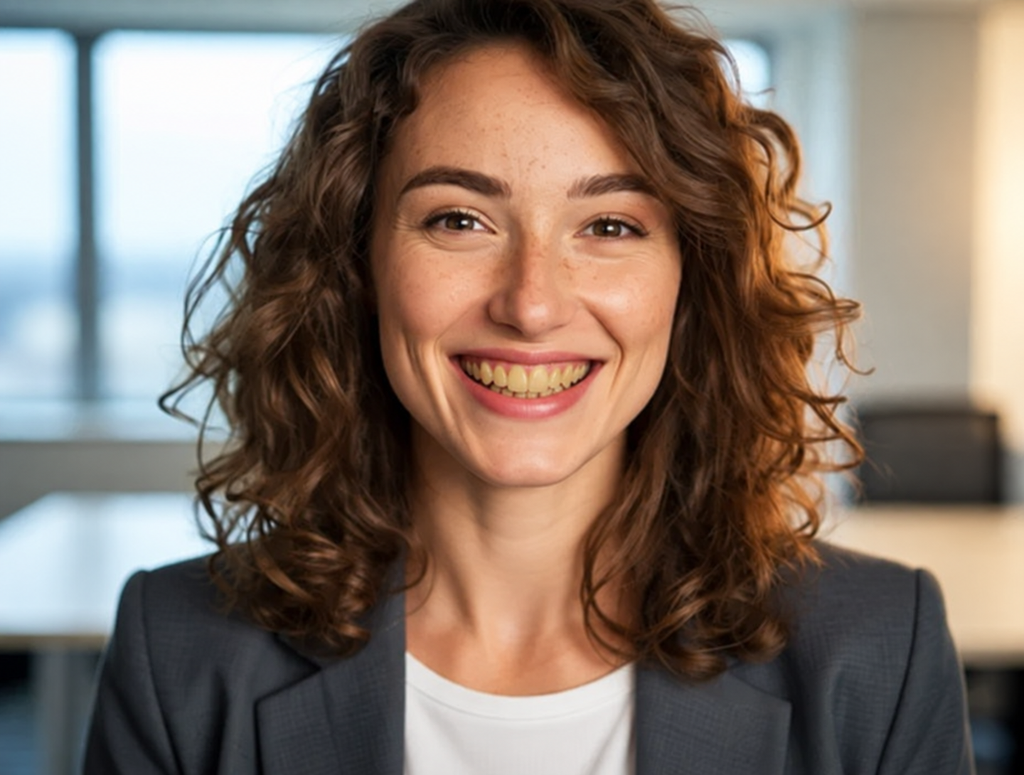 A woman in a gray blazer smiling in a bright office, her teeth yellow under the indoor light, before teeth whitening. A woman in a gray blazer smiling in a bright office, her teeth yellow under the indoor light, before teeth whitening.