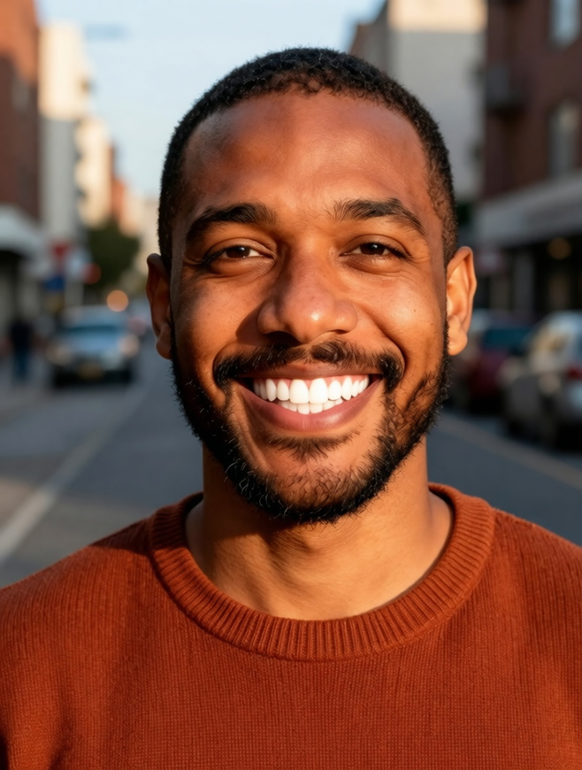 The same street photo after teeth whitening, his teeth a natural ivory and the warm light on his face unchanged. The same street photo after teeth whitening, his teeth a natural ivory and the warm light on his face unchanged.
