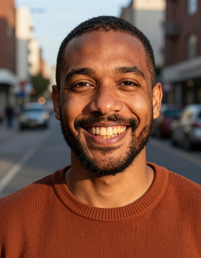 A man with deep brown skin in a rust sweater smiling on a city street at golden hour, his teeth yellow with brown stains. A man with deep brown skin in a rust sweater smiling on a city street at golden hour, his teeth yellow with brown stains.
