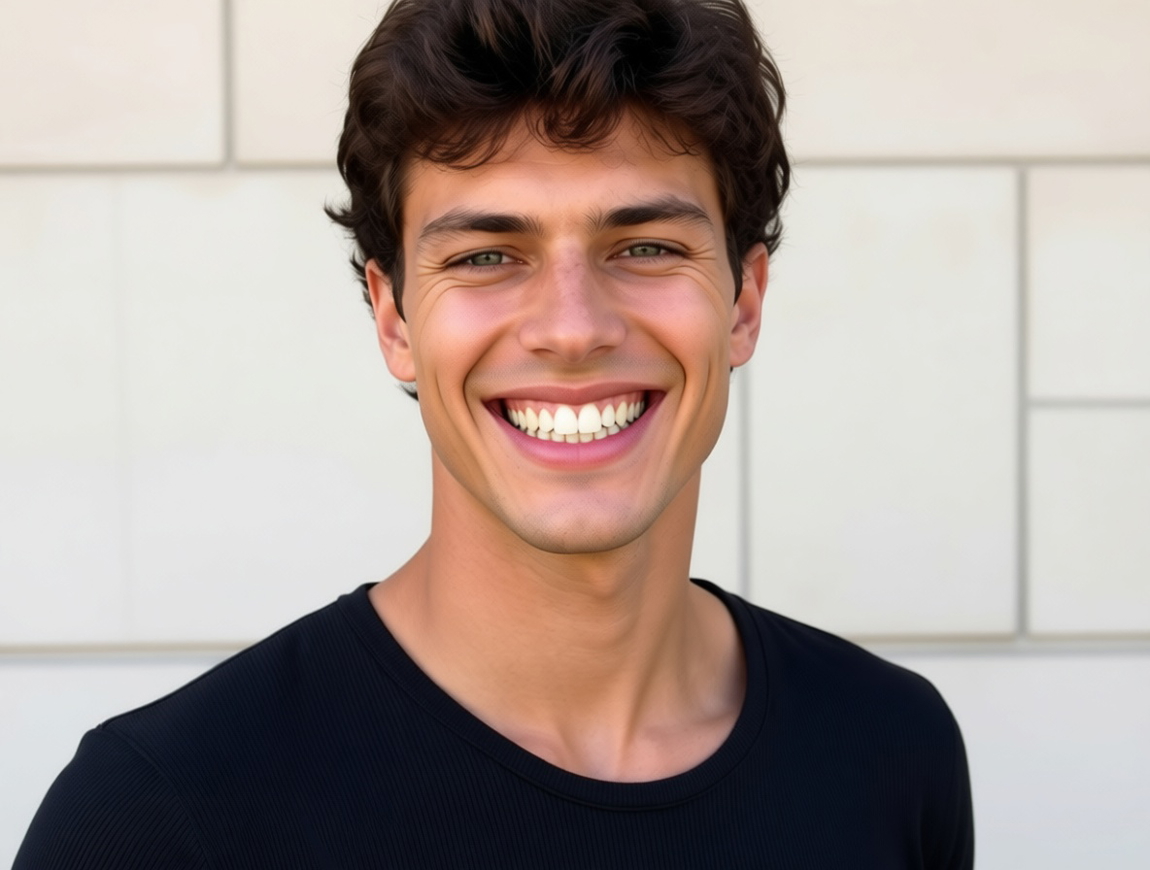 The same photo after teeth whitening, his teeth whiter while his lips, stubble and the stone wall stay the same. The same photo after teeth whitening, his teeth whiter while his lips, stubble and the stone wall stay the same.