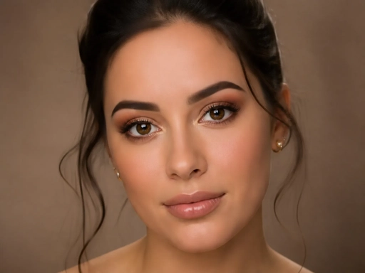 The same studio portrait after blemish removal, the breakout gone and her brows and eye makeup sharp