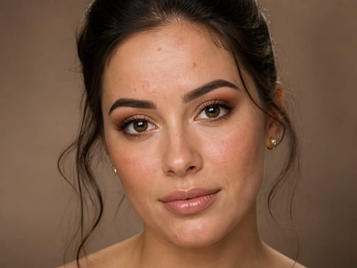 Studio portrait with a breakout showing through makeup on the forehead, before blemish removal