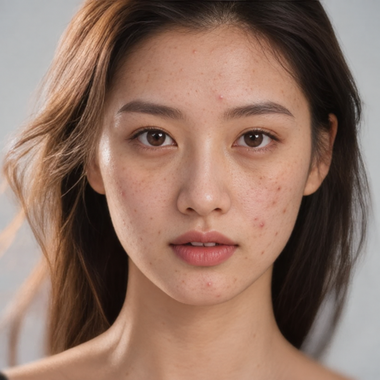 Close-up portrait of a woman with long brown hair against a pale gray wall, pimples and red marks across her forehead, cheeks and chin before blemish removal