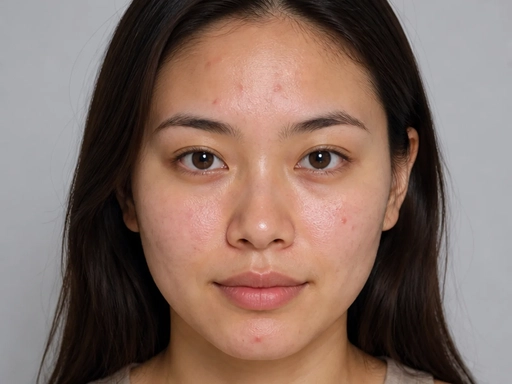Frontal studio portrait with scattered acne marks and dark spots, before blemish removal