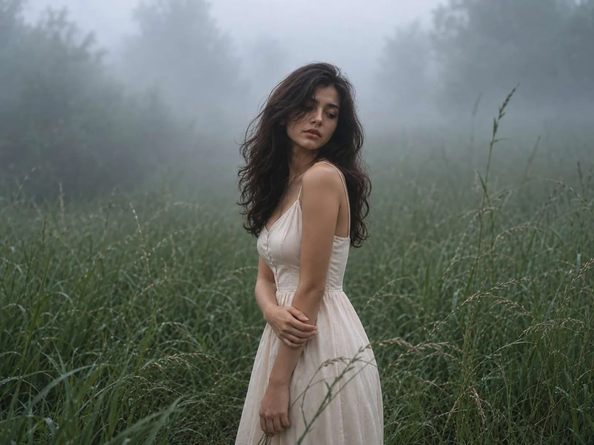 The same woman with a neutral white dress and natural skin in the mist — after color correction The same woman with a neutral white dress and natural skin in the mist — after color correction