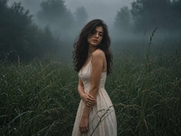 Woman in misty grass under a cold blue cast — sample photo for color correction