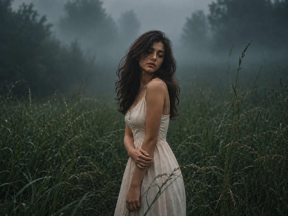 Woman in a white dress in misty grass under a cold blue cast — before color correction Woman in a white dress in misty grass under a cold blue cast — before color correction