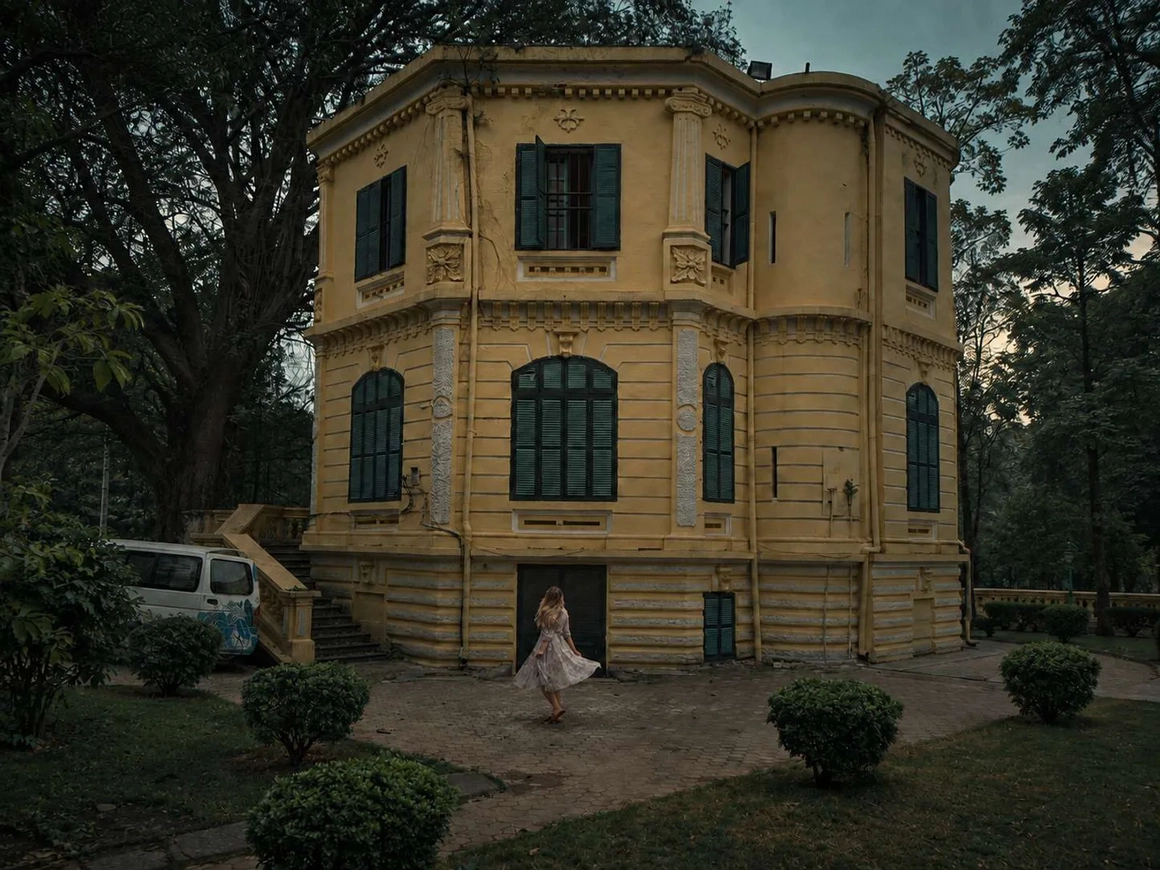 Yellow building with green shutters under a dark teal-and-orange filter — before color correction Yellow building with green shutters under a dark teal-and-orange filter — before color correction