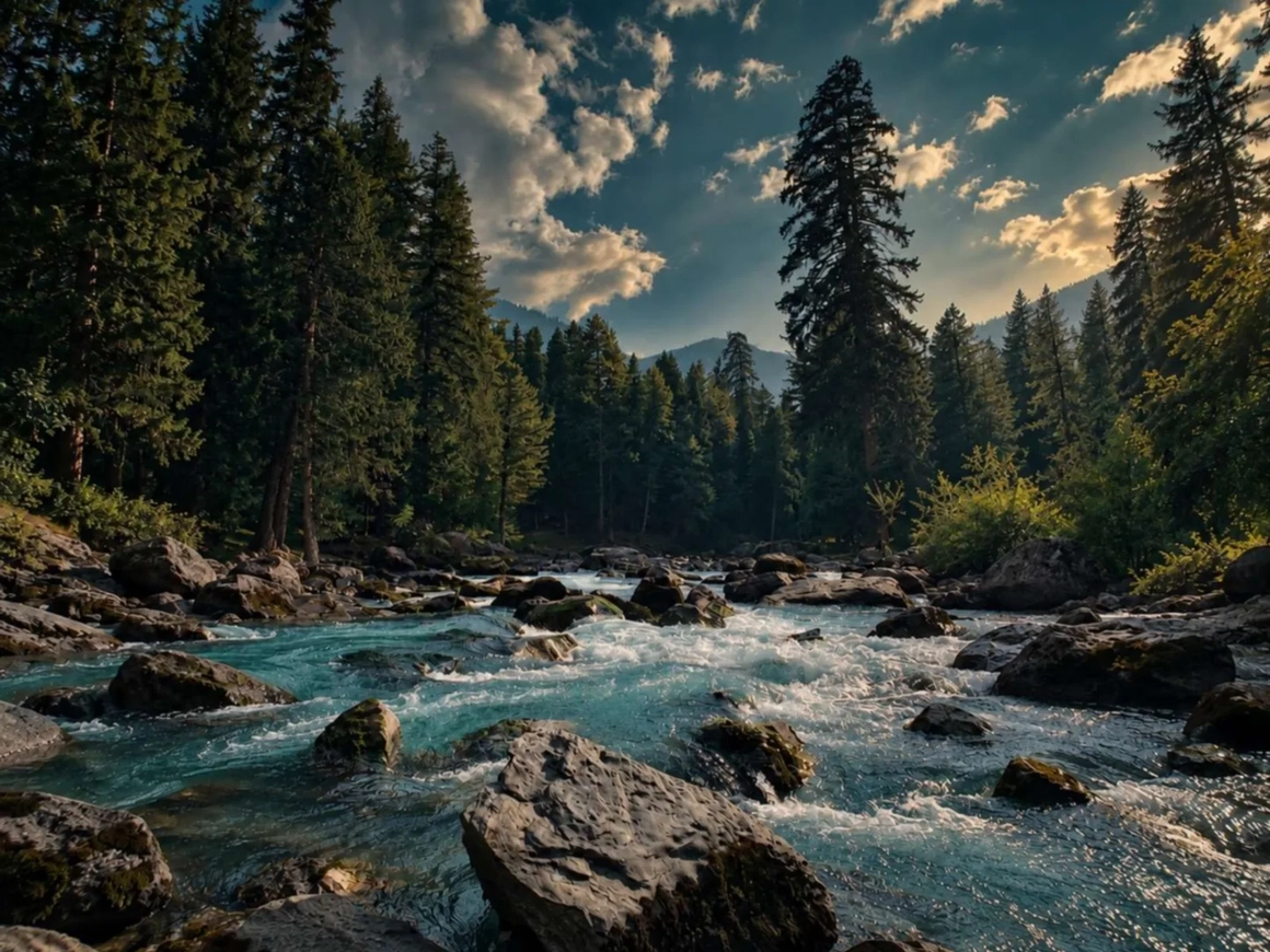 Mountain river through a pine forest, oversaturated teal and orange — before color correction Mountain river through a pine forest, oversaturated teal and orange — before color correction