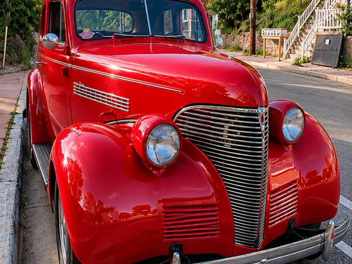 The same red car after fisheye correction, curb, poles and road straight and the car’s proportions restored The same red car after fisheye correction, curb, poles and road straight and the car’s proportions restored