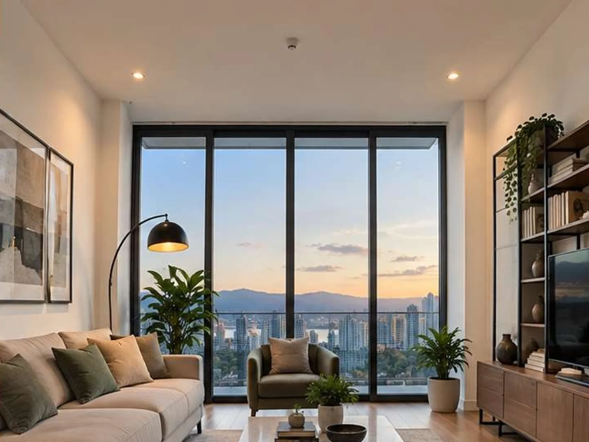 The same living room after barrel distortion correction, walls and window frames straight and the furniture in place The same living room after barrel distortion correction, walls and window frames straight and the furniture in place