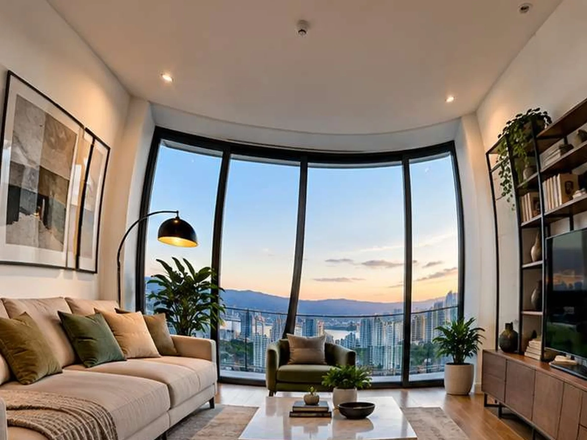 Wide-angle living-room photo with the ceiling, window frames and sofa bowing outward, before barrel distortion correction Wide-angle living-room photo with the ceiling, window frames and sofa bowing outward, before barrel distortion correction