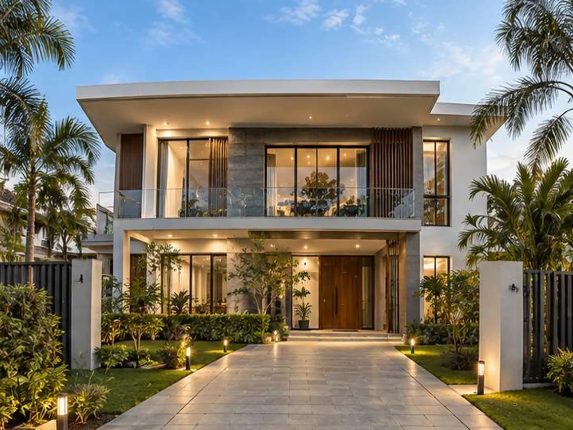 The same two-story house after perspective correction, roofline, walls and driveway edges straight The same two-story house after perspective correction, roofline, walls and driveway edges straight
