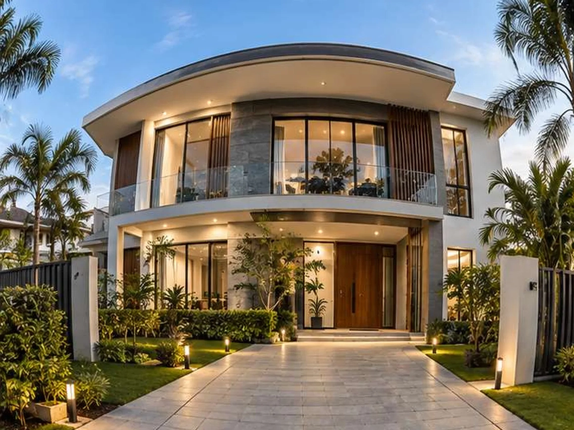 Two-story house with a bowed roofline and walls that lean, before perspective correction Two-story house with a bowed roofline and walls that lean, before perspective correction