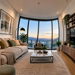 Ultra-wide living-room photo with bowed walls and window frames, a sample photo for lens distortion correction