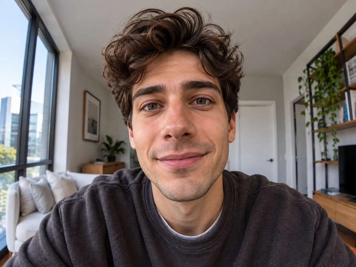 The same selfie after lens distortion correction, face at natural portrait-distance proportions The same selfie after lens distortion correction, face at natural portrait-distance proportions