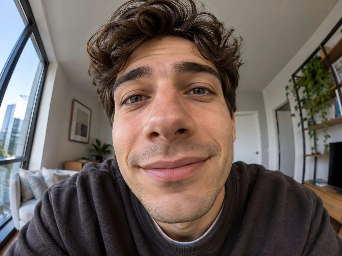 Arm’s-length selfie of a man with curly hair, nose enlarged by the close camera, before lens distortion correction Arm’s-length selfie of a man with curly hair, nose enlarged by the close camera, before lens distortion correction