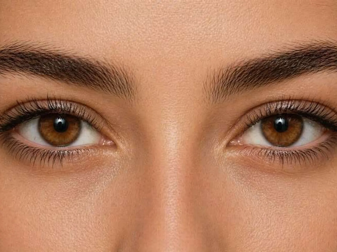 Close-up of warm brown eyes before trying a colored-contact shade with the eye color changer