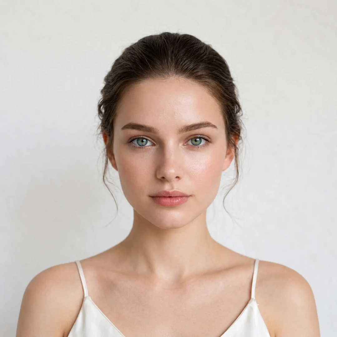 A woman whose dark brown eyes were changed to a natural blue by the eye color changer A woman whose dark brown eyes were changed to a natural blue by the eye color changer