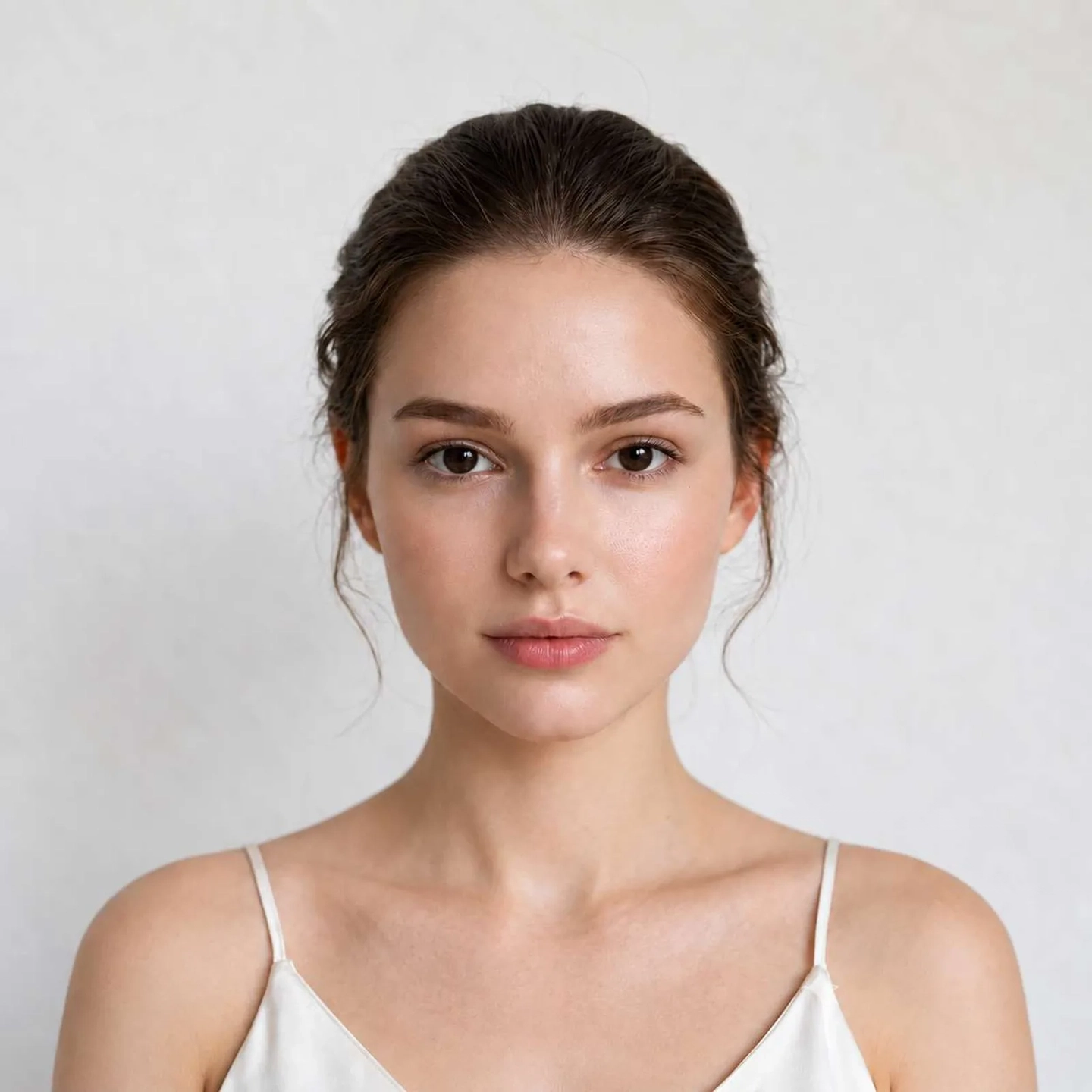 A woman with dark brown eyes looking at the camera in soft light, before the eye color changer A woman with dark brown eyes looking at the camera in soft light, before the eye color changer