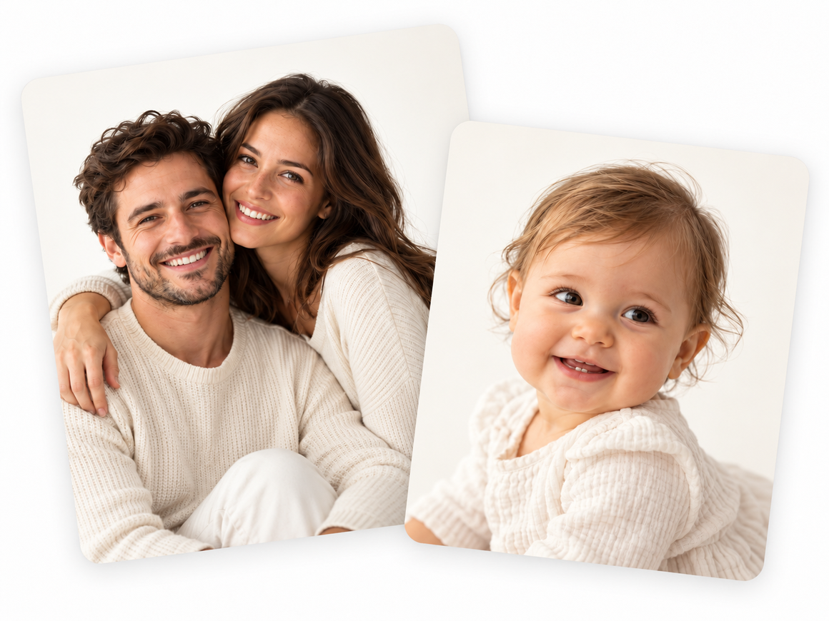 A smiling couple in cream sweaters next to the imagined baby made from their photo, a smiling toddler with light brown hair.