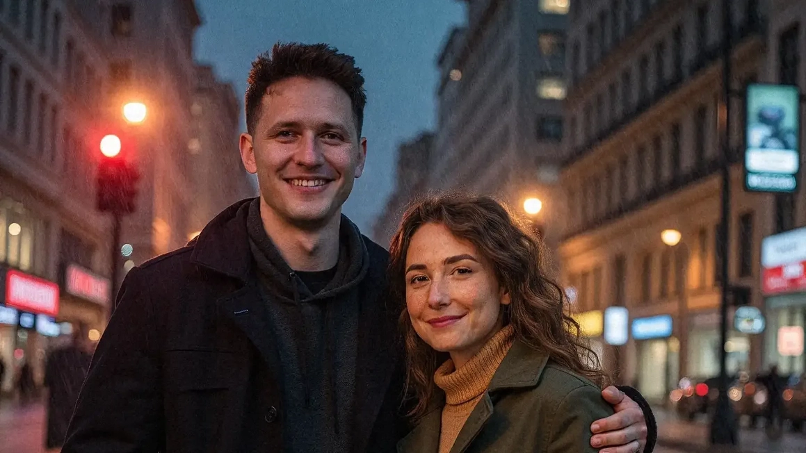 A couple side by side on a city street, his light hazel eyes next to her dark brown eyes.