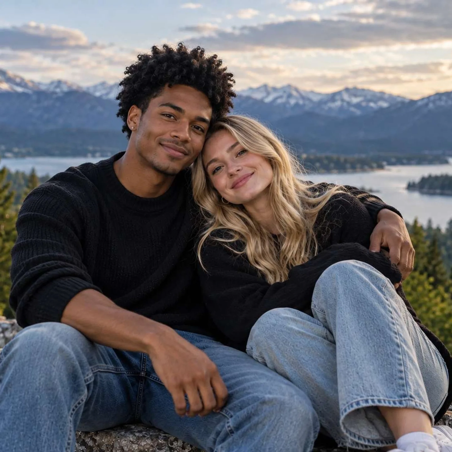 A couple sitting close on a rocky lookout, his dark coily hair and brown eyes beside her blonde hair and light eyes.