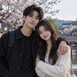 A young couple under cherry blossom, both with dark hair and brown eyes, a sample photo for the AI baby generator.