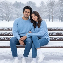 A couple in matching blue sweaters on a snowy park bench, both dark-haired, a sample for the AI baby generator.