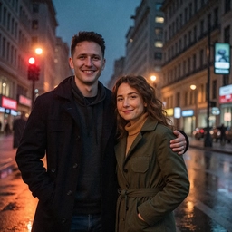 A couple on a rainy city street at dusk, his auburn hair beside her freckles and brown curls, a sample couple photo.