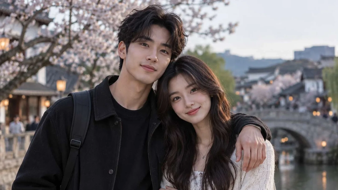 A couple under cherry blossom, both with dark hair and brown eyes.