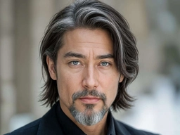 The same man with salt-and-pepper hair after the AI hair color change, eyes and goatee unchanged.