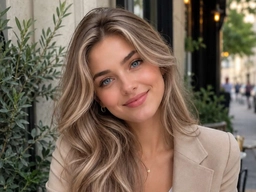 The same woman with bright blonde hair and a soft dark root after the AI hair color change.