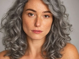 The same woman with silver-gray curls after the AI hair color change, freckles and eyes unchanged.