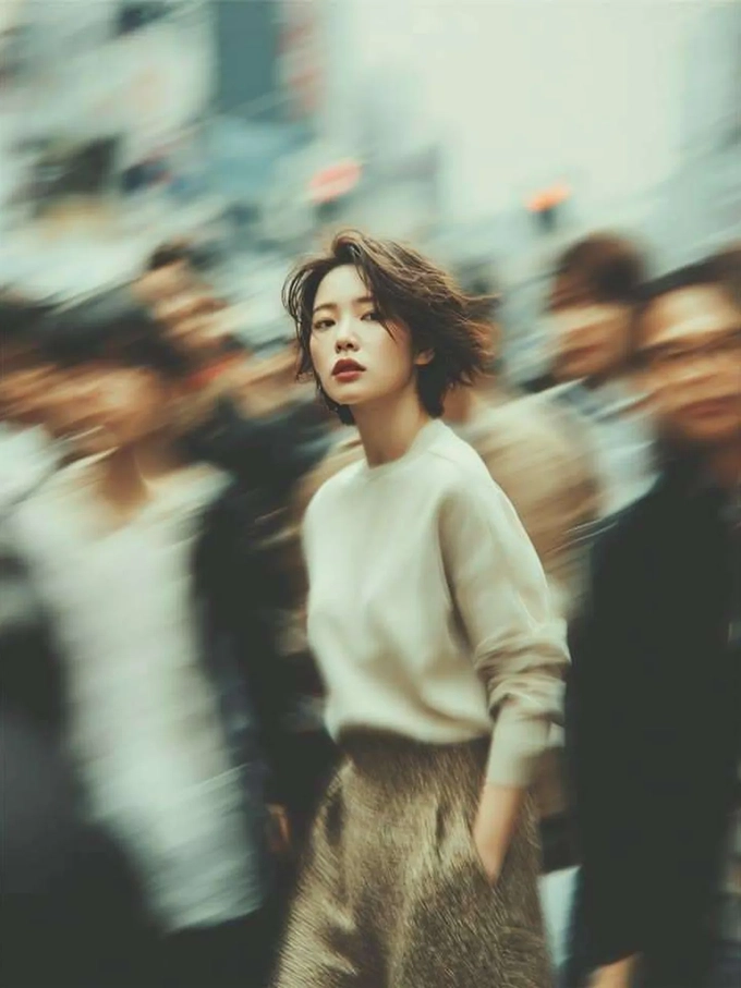 A woman in a cream sweater standing sharp in a street crossing while the crowd around her blurs into soft ghosts. A woman in a cream sweater standing sharp in a street crossing while the crowd around her blurs into soft ghosts.